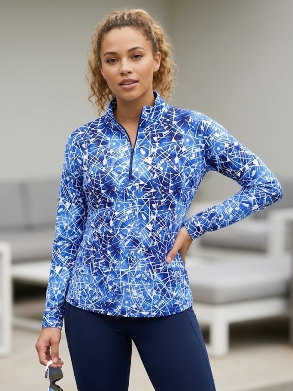 IBKUL Blue Abstract Quarter-Zip Long Sleeve Top